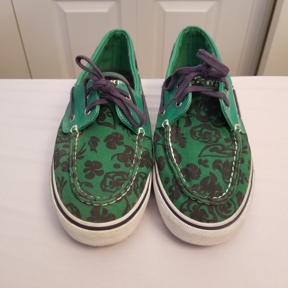 Sperry Top-Sider Bahama Green Black Floral Tropical Canvas Boat Shoes Womens 9M